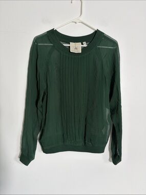 One Fine Day Dark Green Sheer Pleated Long Sleeve Blouse Small
